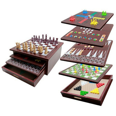 Rexco Wooden 10 in 1 Traditional Board Games Family Toy Play Set Box ...