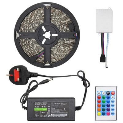 RGB LED Tape IP44 Exterior or Interior 5 Metre Strip Light Kit Colour Change 12v Plug and Play 5MRGBSL