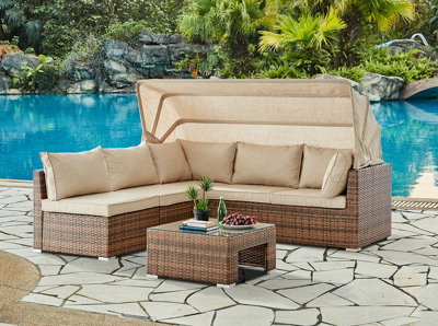 Rhodes Rattan Sun bed Garden Furniture Set Outdoor Lounge Sofa Chair Bed Table Modular, Brown