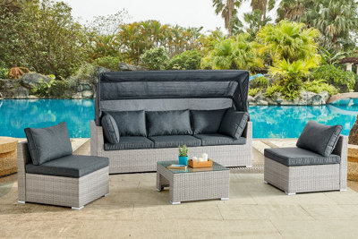 Rhodes Rattan Sun bed Garden Furniture Set Outdoor Lounge Sofa Chair Bed Table Modular, Grey