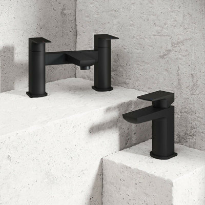 Rhodos Matt Black Bathroom Tap Pack, Includes Deck Mounted Bath Filler ...