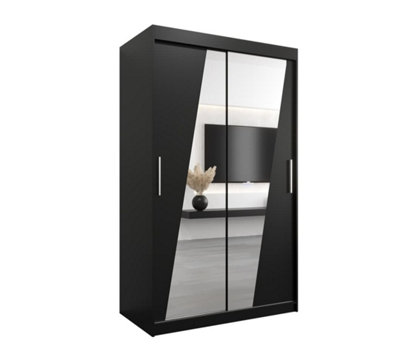 Rhomb Contemporary Mirrored 2 Sliding Door Wardrobe 5 Shelves 2 Rails Black Matt (H)2000mm (W)1200mm (D)620mm