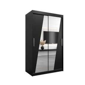 Rhomb Contemporary Mirrored 2 Sliding Door Wardrobe 5 Shelves 2 Rails Black Matt (H)2000mm (W)1200mm (D)620mm