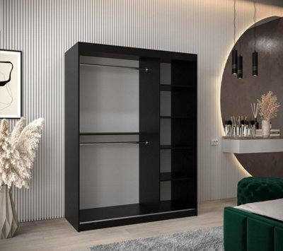 Rhomb Contemporary Mirrored 2 Sliding Door Wardrobe 5 Shelves 2 Rails Black Matt (H)2000mm (W)1500mm (D)620mm