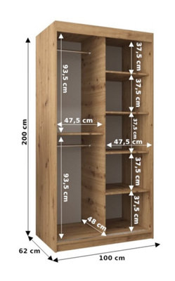 Rhomb Contemporary Mirrored 2 Sliding Door Wardrobe 5 Shelves 2 Rails Oak Artisan Effect (H)2000mm (W)1000mm (D)620mm