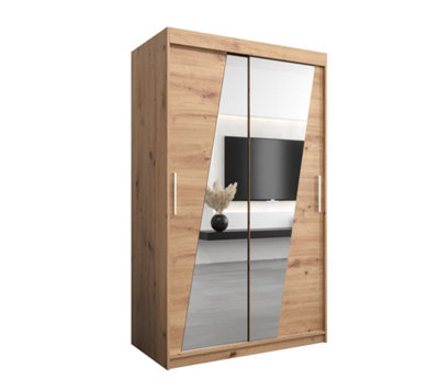 Rhomb Contemporary Mirrored 2 Sliding Door Wardrobe 5 Shelves 2 Rails Oak Artisan Effect (H)2000mm (W)1200mm (D)620mm