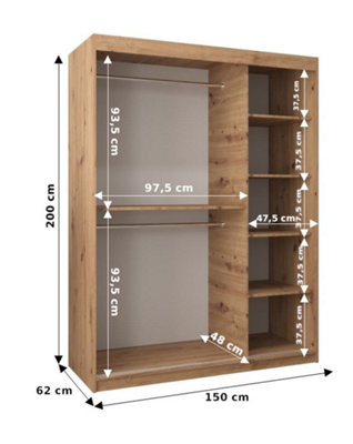 Rhomb Contemporary Mirrored 2 Sliding Door Wardrobe 5 Shelves 2 Rails Oak Artisan Effect (H)2000mm (W)1500mm (D)620mm