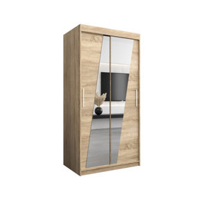Rhomb Contemporary Mirrored 2 Sliding Door Wardrobe 5 Shelves 2 Rails Oak Sonoma Effect (H)2000mm (W)1000mm (D)620mm