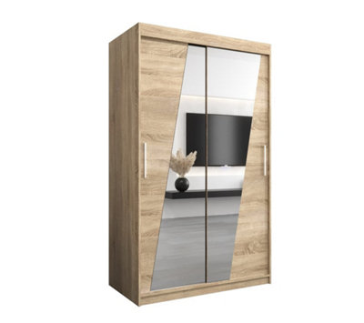 Rhomb Contemporary Mirrored 2 Sliding Door Wardrobe 5 Shelves 2 Rails Oak Sonoma Effect (H)2000mm (W)1200mm (D)620mm