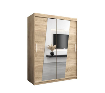 Rhomb Contemporary Mirrored 2 Sliding Door Wardrobe 5 Shelves 2 Rails Oak Sonoma Effect (H)2000mm (W)1500mm (D)620mm