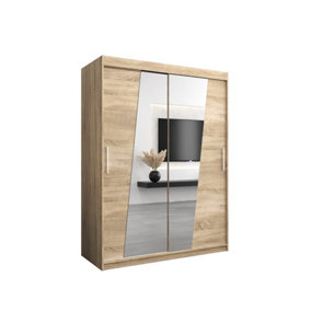 Rhomb Contemporary Mirrored 2 Sliding Door Wardrobe 5 Shelves 2 Rails Oak Sonoma Effect (H)2000mm (W)1500mm (D)620mm
