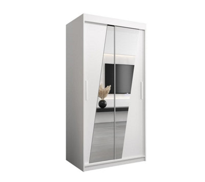 Rhomb Contemporary Mirrored 2 Sliding Door Wardrobe 5 Shelves 2 Rails White Matt (H)2000mm (W)1000mm (D)620mm