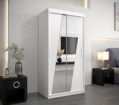 Rhomb Contemporary Mirrored 2 Sliding Door Wardrobe 5 Shelves 2 Rails White Matt (H)2000mm (W)1000mm (D)620mm