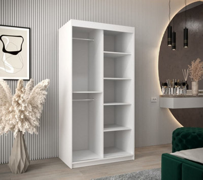 Rhomb Contemporary Mirrored 2 Sliding Door Wardrobe 5 Shelves 2 Rails White Matt (H)2000mm (W)1000mm (D)620mm