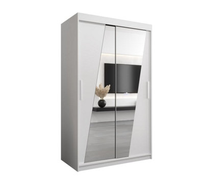 Rhomb Contemporary Mirrored 2 Sliding Door Wardrobe 5 Shelves 2 Rails White Matt (H)2000mm (W)1200mm (D)620mm