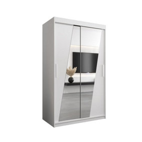 Rhomb Contemporary Mirrored 2 Sliding Door Wardrobe 5 Shelves 2 Rails White Matt (H)2000mm (W)1200mm (D)620mm