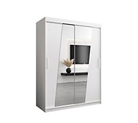 Rhomb Contemporary Mirrored 2 Sliding Door Wardrobe 5 Shelves 2 Rails White Matt (H)2000mm (W)1500mm (D)620mm