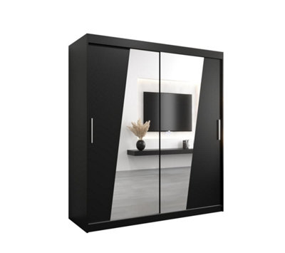 Rhomb Contemporary Mirrored 2 Sliding Door Wardrobe 9 Shelves 2 Rails Black Matt (H)2000mm (W)1800mm (D)620mm