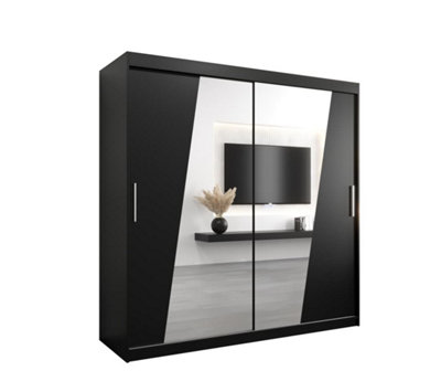 Rhomb Contemporary Mirrored 2 Sliding Door Wardrobe 9 Shelves 2 Rails Black Matt (H)2000mm (W)2000mm (D)620mm