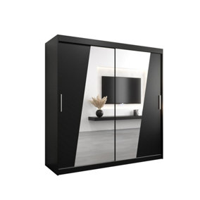 Rhomb Contemporary Mirrored 2 Sliding Door Wardrobe 9 Shelves 2 Rails Black Matt (H)2000mm (W)2000mm (D)620mm
