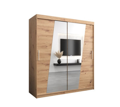 Rhomb Contemporary Mirrored 2 Sliding Door Wardrobe 9 Shelves 2 Rails Oak Artisan Effect (H)2000mm (W)1800mm (D)620mm