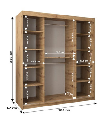 Rhomb Contemporary Mirrored 2 Sliding Door Wardrobe 9 Shelves 2 Rails Oak Artisan Effect (H)2000mm (W)1800mm (D)620mm