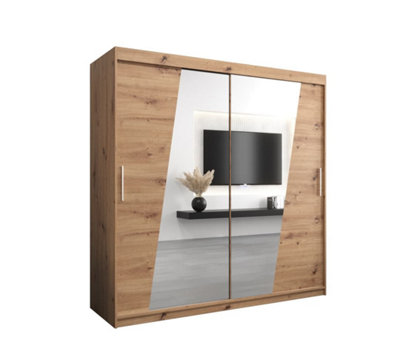 Rhomb Contemporary Mirrored 2 Sliding Door Wardrobe 9 Shelves 2 Rails Oak Artisan Effect (H)2000mm (W)2000mm (D)620mm