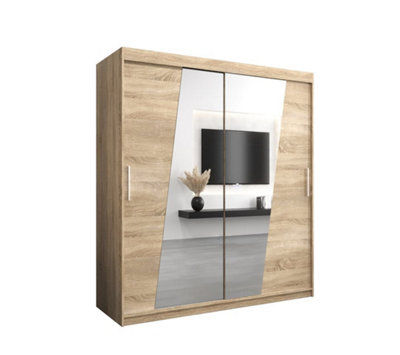 Rhomb Contemporary Mirrored 2 Sliding Door Wardrobe 9 Shelves 2 Rails Oak Sonoma Effect (H)2000mm (W)1800mm (D)620mm