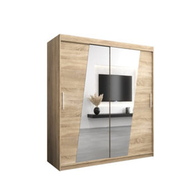 Rhomb Contemporary Mirrored 2 Sliding Door Wardrobe 9 Shelves 2 Rails Oak Sonoma Effect (H)2000mm (W)1800mm (D)620mm