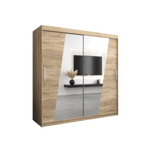 Rhomb Contemporary Mirrored 2 Sliding Door Wardrobe 9 Shelves 2 Rails Oak Sonoma Effect (H)2000mm (W)2000mm (D)620mm