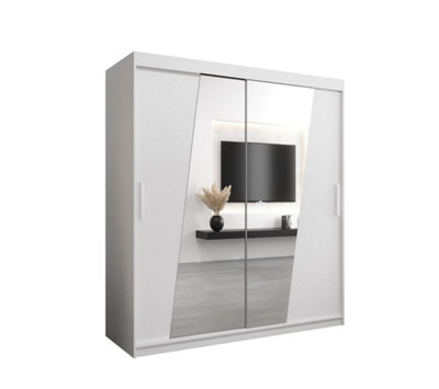 Rhomb Contemporary Mirrored 2 Sliding Door Wardrobe 9 Shelves 2 Rails White Matt (H)2000mm (W)1800mm (D)620mm