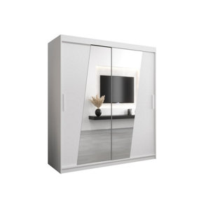 Rhomb Contemporary Mirrored 2 Sliding Door Wardrobe 9 Shelves 2 Rails White Matt (H)2000mm (W)1800mm (D)620mm