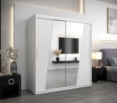 Rhomb Contemporary Mirrored 2 Sliding Door Wardrobe 9 Shelves 2 Rails White Matt (H)2000mm (W)1800mm (D)620mm