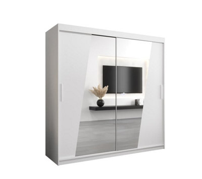 Rhomb Contemporary Mirrored 2 Sliding Door Wardrobe 9 Shelves 2 Rails White Matt (H)2000mm (W)2000mm (D)620mm