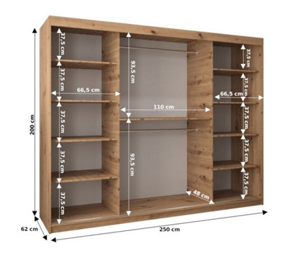 Rhomb Contemporary Mirrored 3 Sliding Door Wardrobe 9 Shelves 2 Rails Black Matt (H)2000mm (W)2500mm (D)620mm