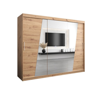 Rhomb Contemporary Mirrored 3 Sliding Door Wardrobe 9 Shelves 2 Rails Oak Artisan Effect (H)2000mm (W)2500mm (D)620mm