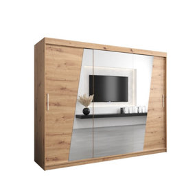 Rhomb Contemporary Mirrored 3 Sliding Door Wardrobe 9 Shelves 2 Rails Oak Artisan Effect (H)2000mm (W)2500mm (D)620mm