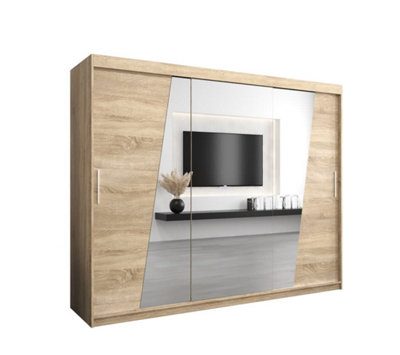 Rhomb Contemporary Mirrored 3 Sliding Door Wardrobe 9 Shelves 2 Rails Oak Sonoma Effect (H)2000mm (W)2500mm (D)620mm
