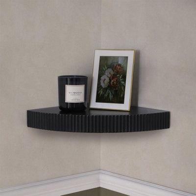 RIBBED CORNER SHELF WALL MOUNTED STORAGE SPACE SAVING MODERN, BLACK