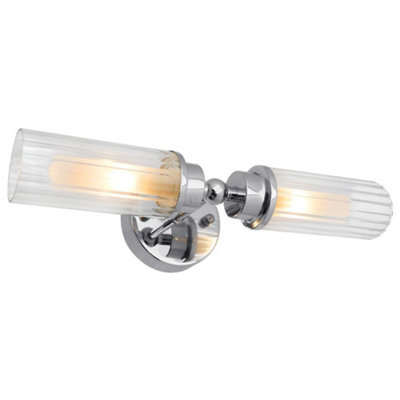 Ribbed Glass Twin Wall Light Polished Chrome Slim Side IP44 H3137
