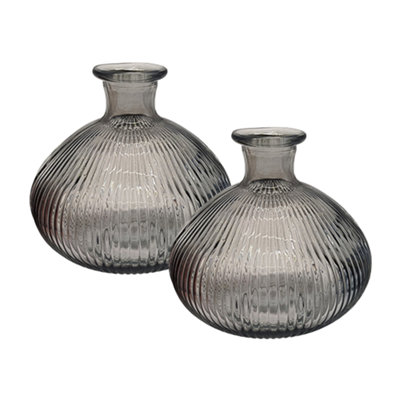 Ribbed Glass Vase - Set of 2 - Grey
