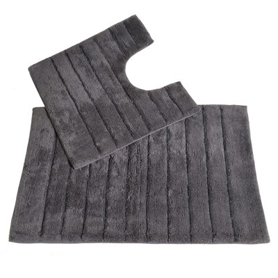 Ribbed Two Piece Bath Mat & Toilet Mat Set - Charcoal Grey