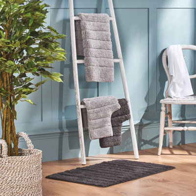 Ribbed Two Piece Bath Mat & Toilet Mat Set - Charcoal Grey