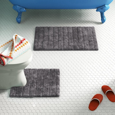 Ribbed Two Piece Bath Mat & Toilet Mat Set - Charcoal Grey - 3
