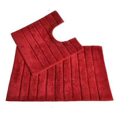 Ribbed Two Piece Bath Mat & Toilet Mat Set - Cranberry