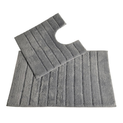 Ribbed Two Piece Bath Mat & Toilet Mat Set - Dove Grey