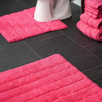 Ribbed Two Piece Bath Mat & Toilet Mat Set - Hot Pink