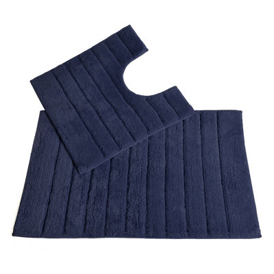 Ribbed Two Piece Bath Mat & Toilet Mat Set - Navy
