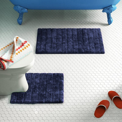 Ribbed Two Piece Bath Mat & Toilet Mat Set - Navy