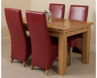 Richmond 140cm - 220cm Oak Extending Dining Table and 4 Chairs Dining Set with Lola Burgundy Leather Chairs